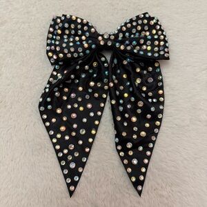 New Handcrafted Black Satin Rhinestone Hair Bow 5” x 8”AB Crystal Bling Barrette